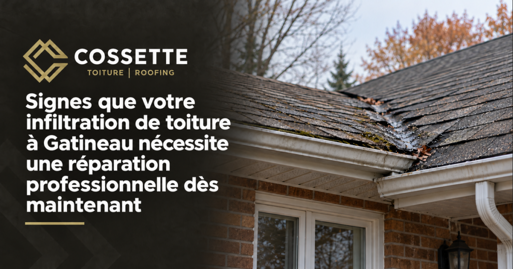 Guide de Toitures Cossette présentant les signes d’une infiltration de toiture nécessitant une réparation professionnelle à Gatineau